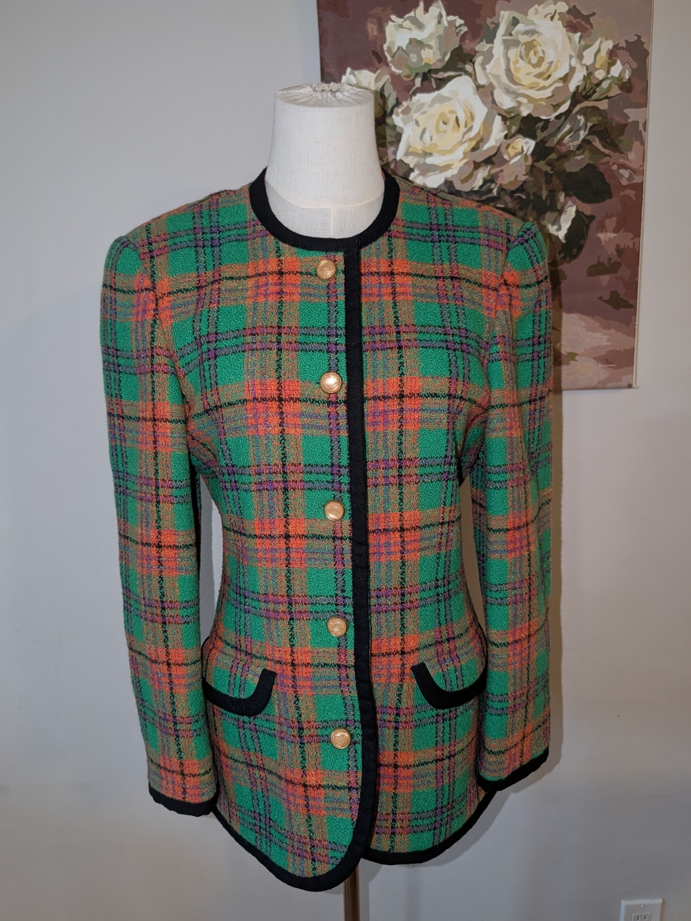Vintage (1980s) Green Tweed Collarless Blazer